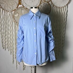 Michael Kors Collection Made in Italy Ruched Sleeve Button Down Cotton Top 8